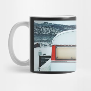 Snow-Covered Caravan in Frozen Winter Landscape in Scandinavia Mug